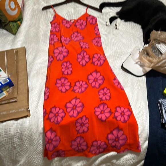 RHODE The Kat Dress Orange and Pink Floral Silk Midi Dress Bombay Bloom - Picture 5 of 13